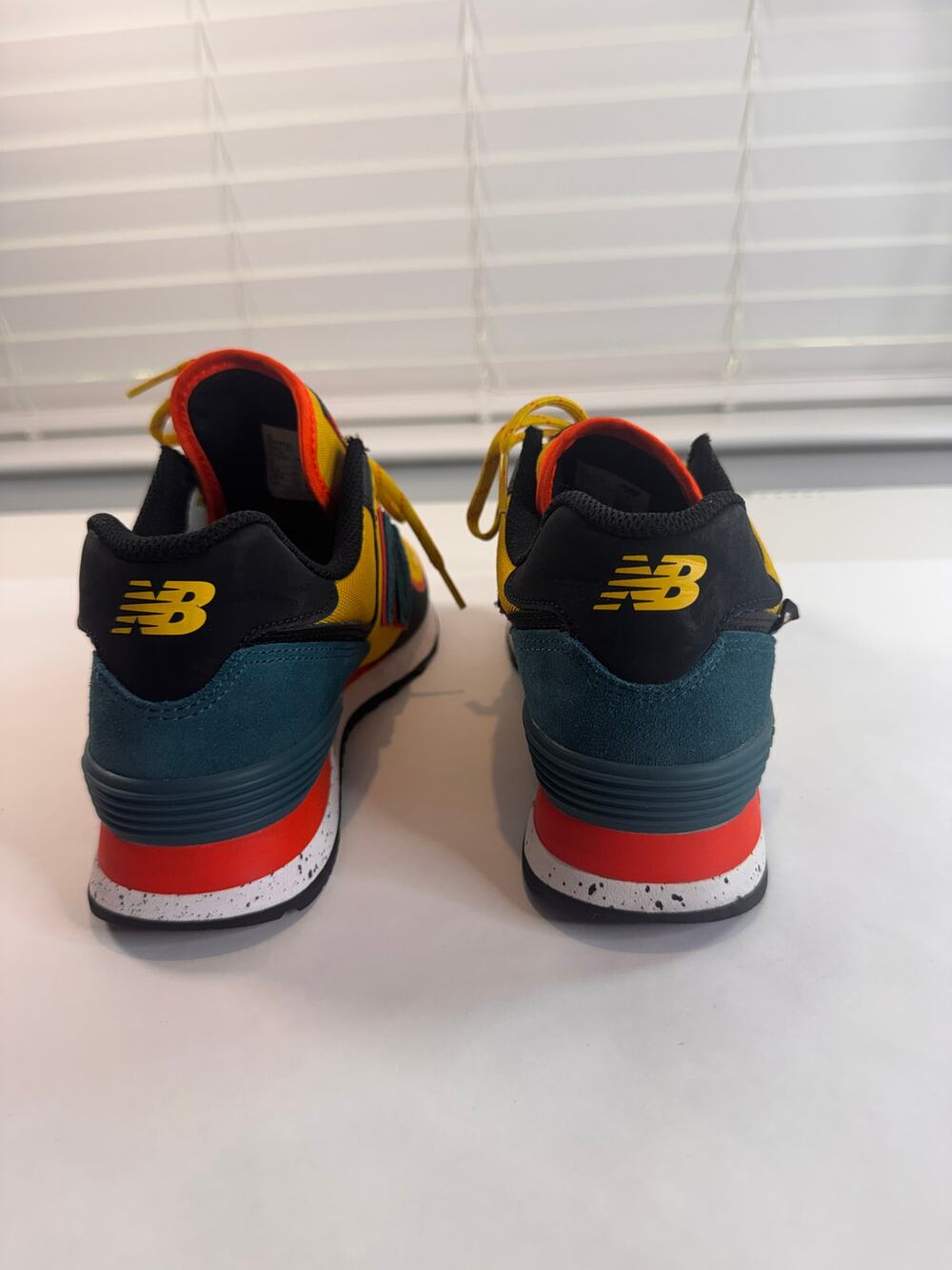 New Balance 574 Yellow, Teal, and Orange. Harvest Gold Blaze